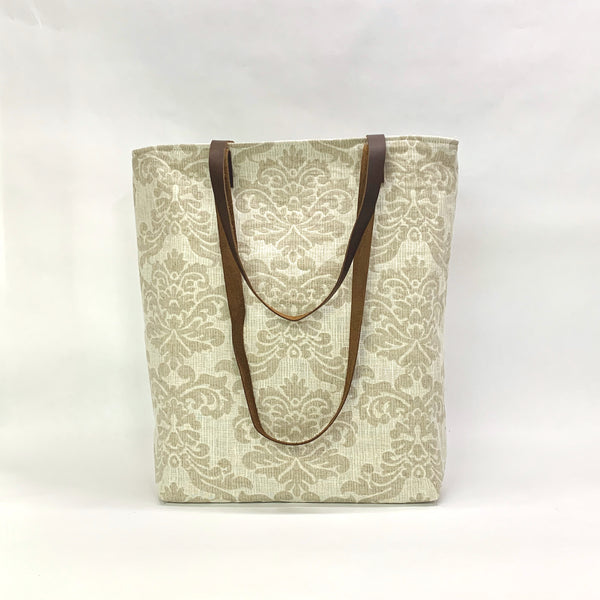 Damask Linen Tote Bag with Leather Handles