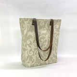 Scrolls Linen Tote Bag with Leather Handles