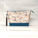 Birds and Bees Aqua XL Zipper Knitting Project Craft Wedge Bag with Detachable Leather Wrist Strap