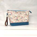 Birds and Bees Aqua XL Zipper Knitting Project Craft Wedge Bag with Detachable Leather Wrist Strap