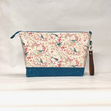 Birds and Bees Aqua XL Zipper Knitting Project Craft Wedge Bag with Detachable Leather Wrist Strap