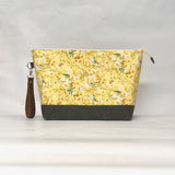 Birds and Bees Yellow XL Zipper Knitting Project Craft Wedge Bag with Detachable Leather Wrist Strap