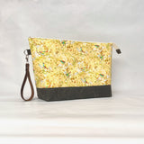 Birds and Bees Yellow XL Zipper Knitting Project Craft Wedge Bag with Detachable Leather Wrist Strap