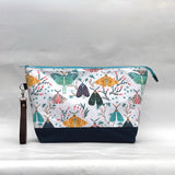 Moths XL Zipper Knitting Project Craft Wedge Bag with Detachable Leather Wrist Strap