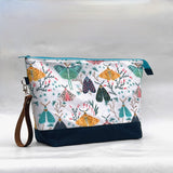 Moths XL Zipper Knitting Project Craft Wedge Bag with Detachable Leather Wrist Strap