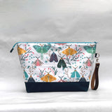 Moths XL Zipper Knitting Project Craft Wedge Bag with Detachable Leather Wrist Strap