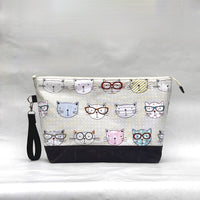 Cats with Glasses XL Zipper Knitting Project Craft Wedge Bag with Detachable Leather Wrist Strap