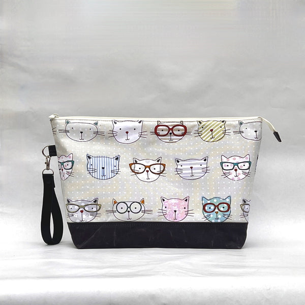 Cats with Glasses XL Zipper Knitting Project Craft Wedge Bag with Detachable Leather Wrist Strap