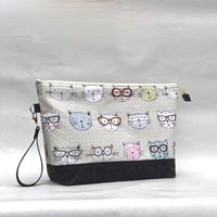Cats with Glasses XL Zipper Knitting Project Craft Wedge Bag with Detachable Leather Wrist Strap