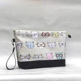 Cats with Glasses XL Zipper Knitting Project Craft Wedge Bag with Detachable Leather Wrist Strap