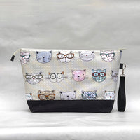 Cats with Glasses XL Zipper Knitting Project Craft Wedge Bag with Detachable Leather Wrist Strap