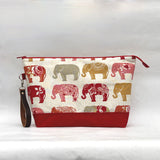 Elephants XL Zipper Knitting Project Craft Wedge Bag with Detachable Leather Wrist Strap