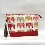 Elephants XL Zipper Knitting Project Craft Wedge Bag with Detachable Leather Wrist Strap