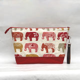 Elephants XL Zipper Knitting Project Craft Wedge Bag with Detachable Leather Wrist Strap