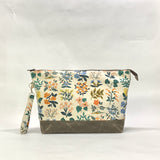 Wildflowers Natural XL Zipper Knitting Project Craft Wedge Bag with Detachable Leather Wrist Strap