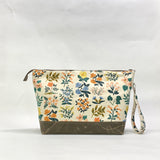 Wildflowers Natural XL Zipper Knitting Project Craft Wedge Bag with Detachable Leather Wrist Strap