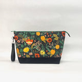 Poppy Fields Black XL Zipper Knitting Project Craft Wedge Bag with Detachable Leather Wrist Strap
