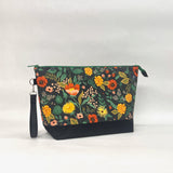 Poppy Fields Black XL Zipper Knitting Project Craft Wedge Bag with Detachable Leather Wrist Strap