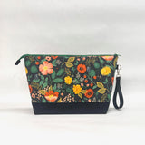 Poppy Fields Black XL Zipper Knitting Project Craft Wedge Bag with Detachable Leather Wrist Strap