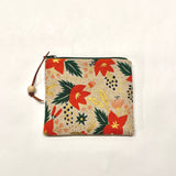 Poinsettia Natural Metallic Padded Zipper Pouch / Coin Purse / Gadget / Cosmetic Bag