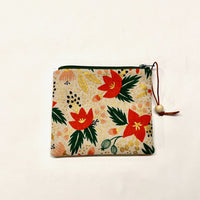 Poinsettia Natural Metallic Padded Zipper Pouch / Coin Purse / Gadget / Cosmetic Bag