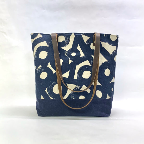 River Rocks / Waxed Canvas Tote Bag with Leather Straps